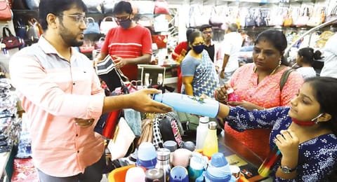With schools reopening across Tamil Nadu, parents and children were seen buying school bags, water bottles and stationary items at T Nagar