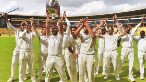 Madhya Pradesh players celebrate the Ranji Trophy triumph