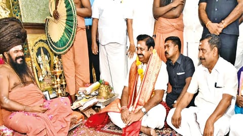 Leader of Opposition EPS calling on Dharmapuram Adheenam Masilamani Desiga Gnanasambanda Swamigal at Mayiladuthurai on Friday