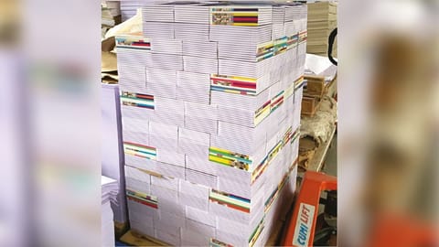 Manufactured notebooks stocked in a unit at Sivakasi in Virudhunagar district