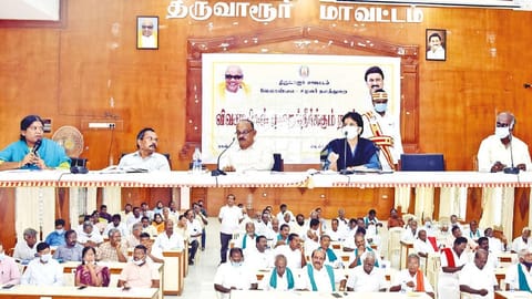 Collector B Gayathri Krishnan conducting the farmers? grievance meeting in Tiruvarur on Thursday