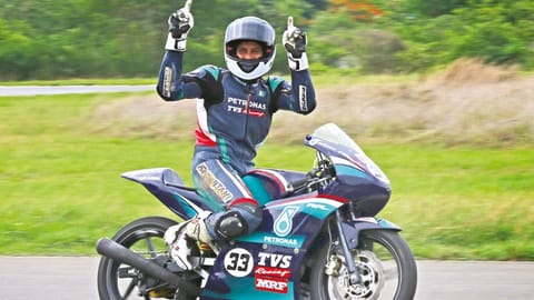KY Ahamed celebrates after coming up trumps in the Pro-Stock 165cc Open race on Sunday
