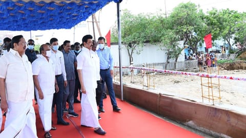 Stalin inspecting stormwater drain work in Semmanchery