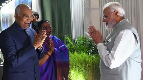 PM Modi greets President Ram Nath Kovind and First lady Savita Kovind on Friday night.