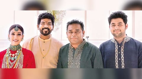 Rahman and Ameen posing with the married couple Vignesh and Nayanthara.