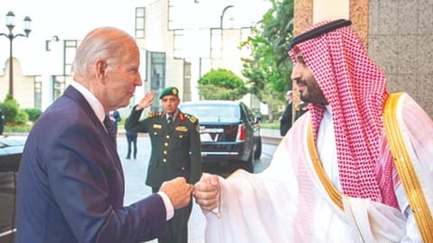 US President Joe Biden greeting Crown Prince Mohammed bin Salman