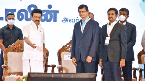 CM MK Stalin with officials of Tech Mahindra during the launch event