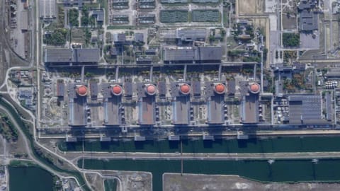 This composite of satellite images taken by Planet Labs PBC shows smoke rising from fires at the Zaporizhzhia nuclear power plant in southeastern Ukraine.