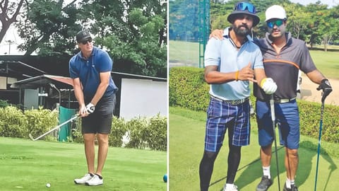 (L) Australia cricket legend Glenn McGrath; Murali Vijay and
Aniruda Srikkanth at the TNGF course