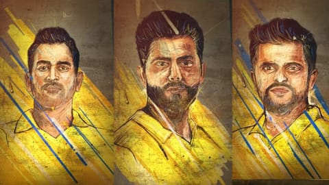 (L) MS Dhoni, Ravindra Jadeja; Suresh Raina