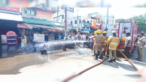 Two bikes were reduced to ashes and a part of the shop was damaged due to the fire.
