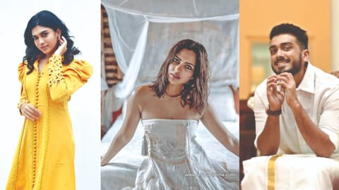(L) Dushara Vijayan, Amala Paul and Kalidas Jayaram