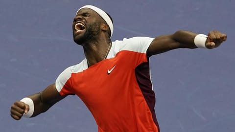 Frances Tiafoe, of the United States, reacts after defeating Andrey Rublev, of Russia, during the quarterfinals of the U.S. Open tennis championships.