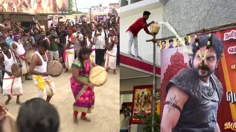 In Madurai, fans offered milk and put garlands around the actor Vikram's poster. And even performed the pooja and were seen bursting crackers.