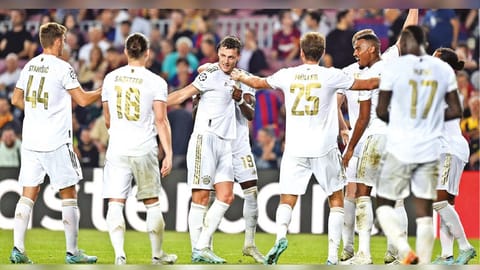 Bayern Munich?s Benjamin Pavard (centre) celebrates after scoring his team?s third goal.