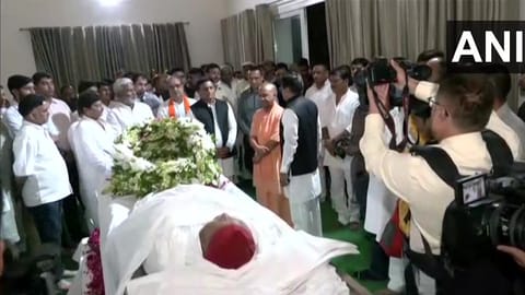 Uttar Pradesh CM Yogi Adityanath pays tribute to former UP CM Mulayam Singh Yadav at his ancestral village Saifai.