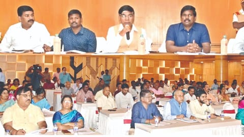 Union Minister of State for Education Dr Subash Sarkar conducted a review meeting on the progress of central government projects here on Monday