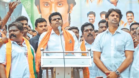 BJP state president K Annamalai addressing party cadre protesting DMK?s anti-Hindi stand in Cuddalore on Thursday.