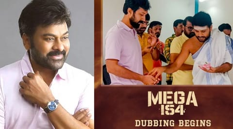 Chiranjeevi (left) and Puja ceremony before the dubbing session