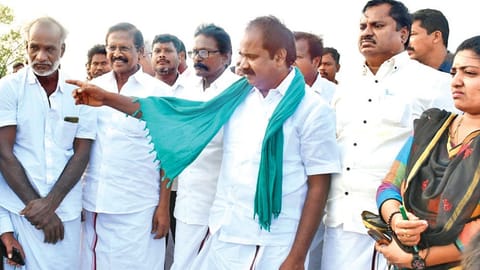 Minister Siva V Meyyanathan inspecting flood-hit areas in Mayiladuthurai on Tuesday