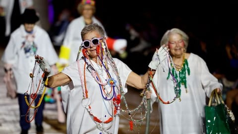Models present creations by fashion school students of LISAA as part of a fashion show named "Another look at old age" organised by the Petits Freres des Pauvres Association, to promote a more inclusive stance on age, in Paris.