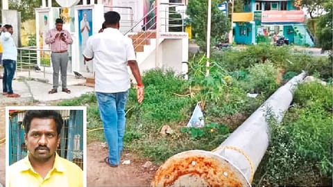 The flagpole that was uprooted; AIADMK supporter Chellapan (insert)