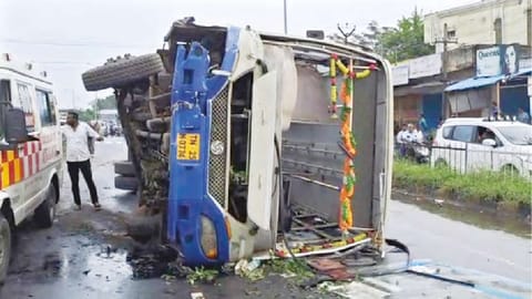The vehicle overturned after hitting a median on the highway