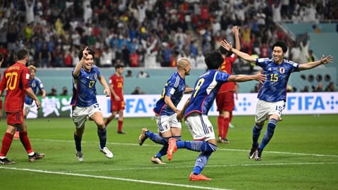 Ao Tanaka celebrates with teammates after scoring Japan?s second goal against Spain in Group E of the FIFA World Cup 2022 in Doha, Qatar