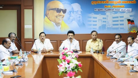 DMK president and Chief Minister M K Stalin holding a meeting with party MPs at oarty office on Sunday to regarding the forthcoming budget session