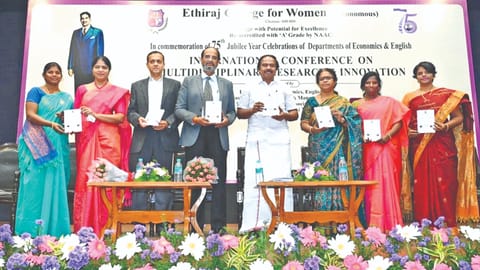 Minister T Mano Thangaraj inaugurating a conference at Ethiraj College.