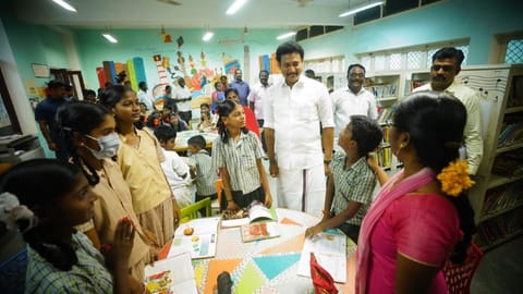 School Education Minister Anbil Mahesh Poyyamozhi at Ashok Nagar public library.