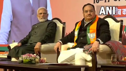 Prime Minister Narendra Modi and BJP chief JP Nadda at National Executive meeting in Delhi.