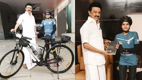 M K Stalin meets cyclist Aasha Malviya on Sunday