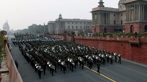 Army personnel performs during the full dress rehearsal for the 'Beating the Retreat' ceremony, at Vijay Chowk