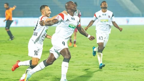 NorthEast United FC?s Wilmar Jordan celebrates scoring the winning goal.