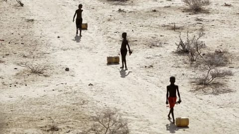Young boys pull containers of water amid a drought