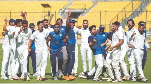 Saurashtra players celebrate their team?s win over Karnataka