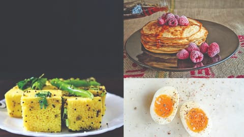(L) Dhoklas, Pan cakes and Hard boiled eggs