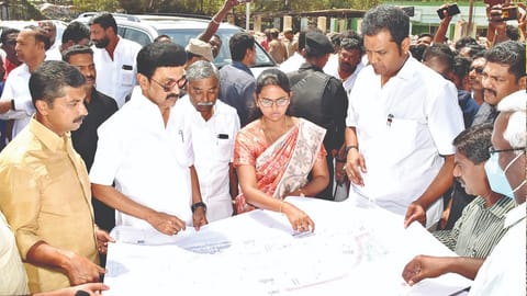 Chief Minister MK Stalin inspecting ongoing works for a new bus stand at Mannargudi on Wednesday