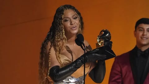 Beyonce accepts the award for best dance/electronic music album for "Renaissance" at the 65th annual Grammy Awards.