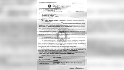 The letter sent to deceased Prof Vijaya Kumar asking him to report for valuation duty by the Thiruvalluvar University