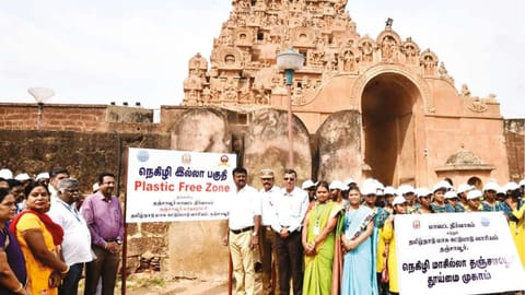 Thanjavur Collector Dinesh Ponraj Oliver inaugurating the cleaning drive near Big Temple on Friday.