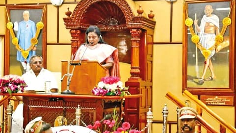 Lt Governor Tamilisai Soundararajan addressing the opening day of budget session in Puducherry.