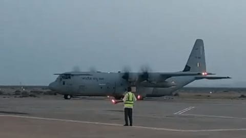 C-130J aircraft lands in Port Sudan for evacuation operations.