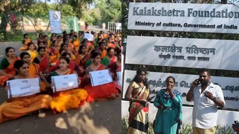 Students stage a protest in Kalakshetra (left); Kalakshetra Foundation