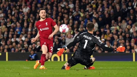 Liverpool?s Diogo Jota, left, scores during the Premier League match between Leeds United and Liverpool FC at Elland Road, Leeds, England.