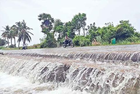 Cauvery water crosses a surface bridge in Kilikoodu in Tiruchy and flows into the Kollidam river