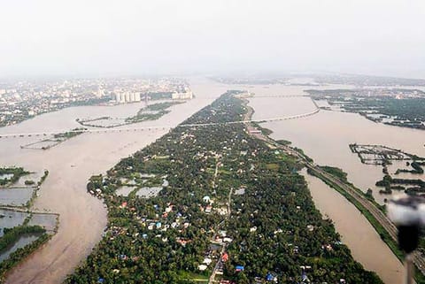 An aerial view of the floods in Aluva after heavy rains, in Kerala