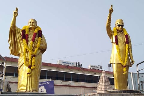 The statue of the late CM J Jayalalithaa next to MGR?s in Thanjavur