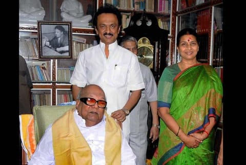 DMK working president MK Stalin with his wife Durga and his father and DMK supremo M Karunanidhi